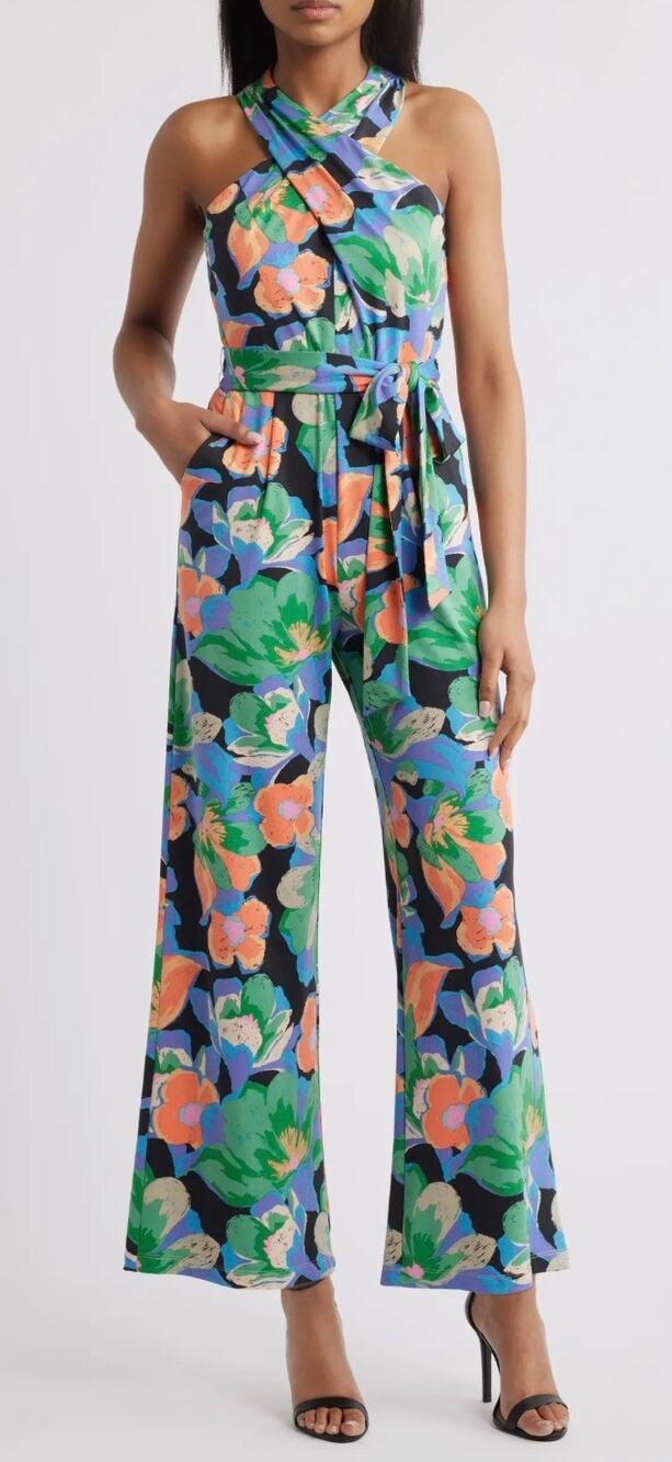 Tahari Floral Twist Neck Tie Waist Wide Leg Jumpsuit 8 NWT